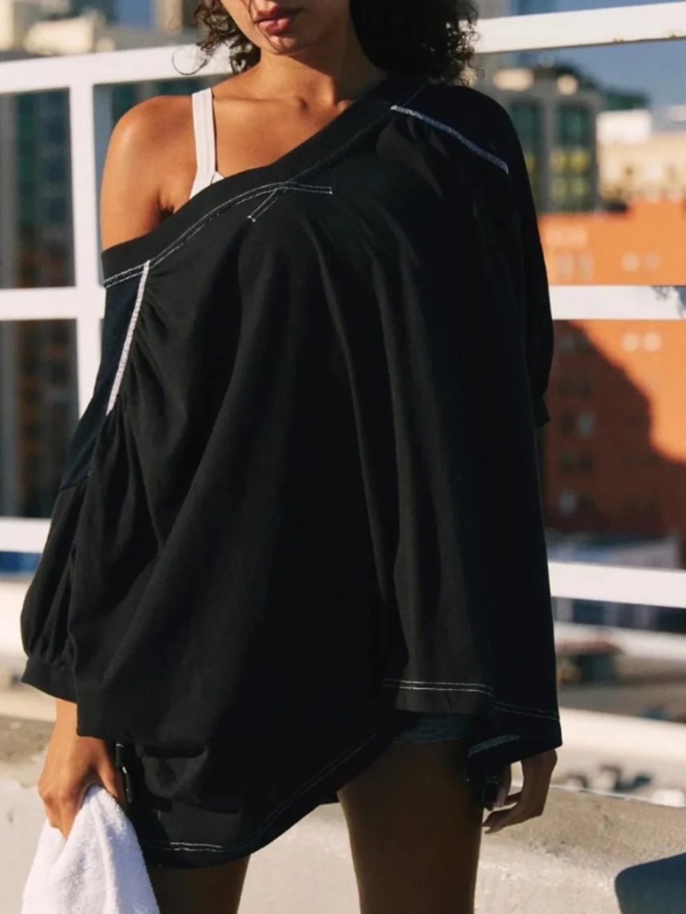 FP Movement by Free People Black Off-Shoulder Tunic with White Stitching